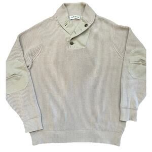 Vtg Orvis Men’s Sz Medium Sweater Tan Shawl Collar Elbow Patch Fisherman Grandpa